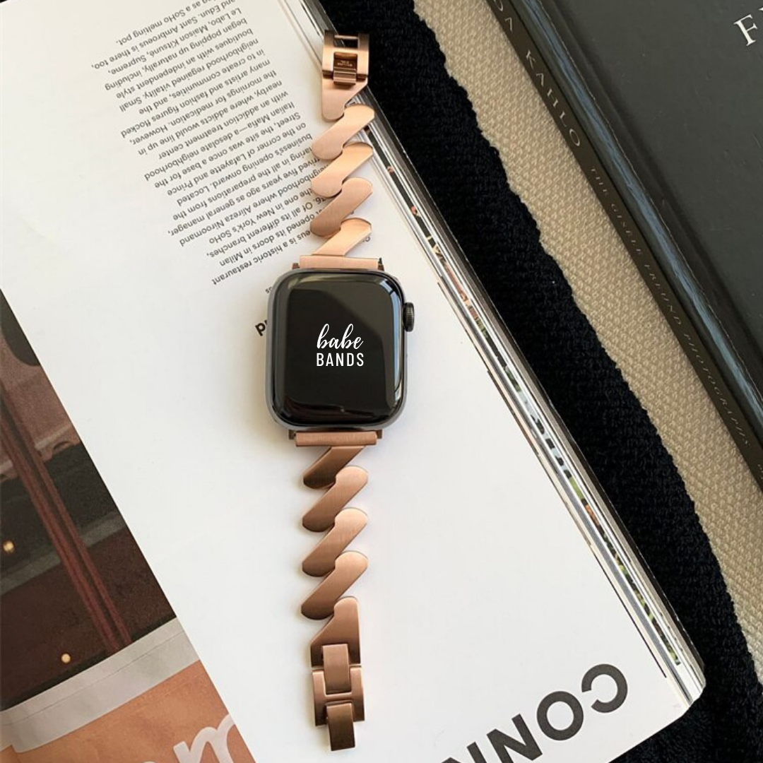 No more basic vibes. Step up your babe game with our premium Babe Bands to elevate your style.   Upgrade your Apple Watch with our Premium Stainless Steel Zig Zag Apple Watch Band.  Indulge in the luxury look and feel of our Apple Watch band, crafted from high-quality stainless steel band in a unique zig zag shape for added style.