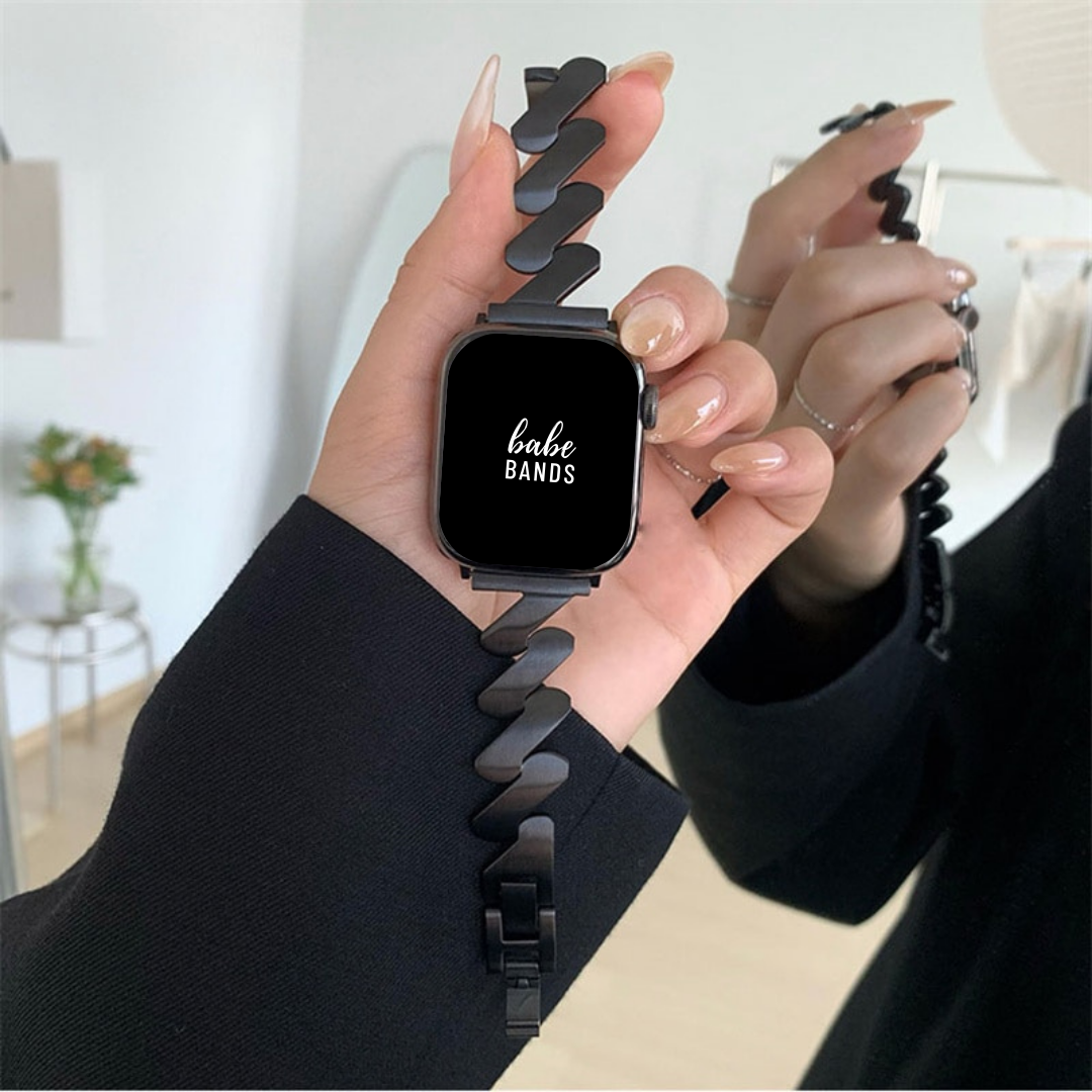 No more basic vibes. Step up your babe game with our premium Babe Bands to elevate your style.   Upgrade your Apple Watch with our Premium Stainless Steel Zig Zag Apple Watch Band.  Indulge in the luxury look and feel of our Apple Watch band, crafted from high-quality stainless steel band in a unique zig zag shape for added style.