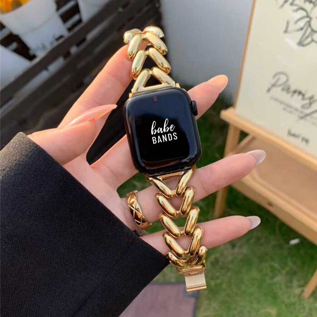 No more basic vibes. Step up your babe game with our premium Babe Bands to elevate your style.    Upgrade your Apple Watch with our Premium Braided Stainless Steel Chain Apple Watch Band.  Indulge in the luxury look and feel of our Apple Watch band, crafted from high-quality stainless steel in an elegant chunky braided look chain style.