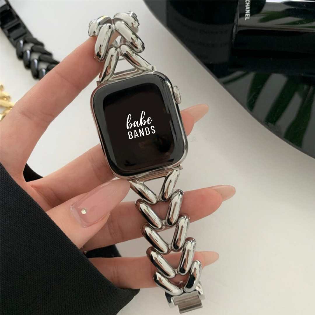 No more basic vibes. Step up your babe game with our premium Babe Bands to elevate your style.    Upgrade your Apple Watch with our Premium Braided Stainless Steel Chain Apple Watch Band.  Indulge in the luxury look and feel of our Apple Watch band, crafted from high-quality stainless steel in an elegant chunky braided look chain style.