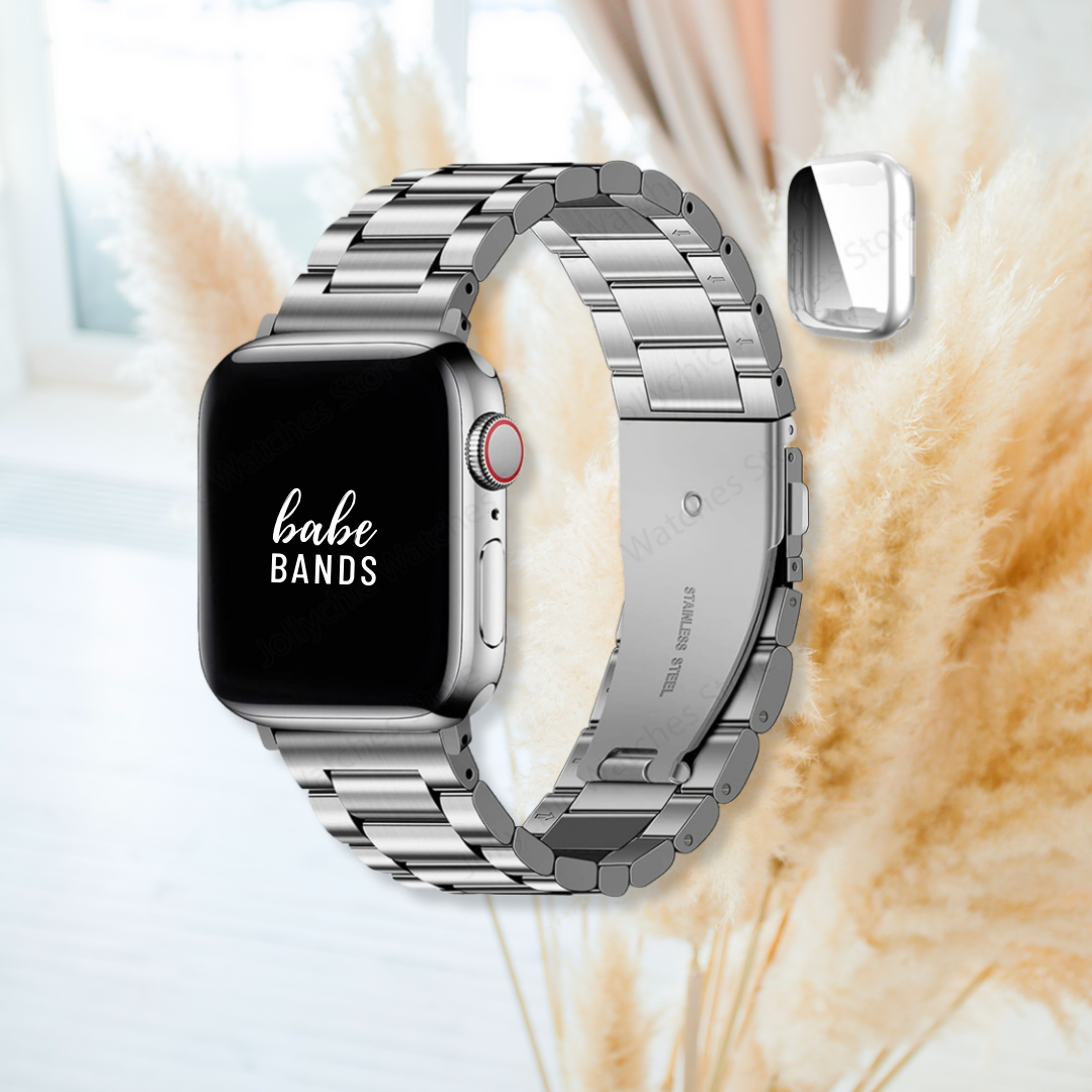 No more basic vibes. Step up your babe game with our premium Babe Bands to elevate your style.    Upgrade your Apple Watch with our Premium Classic Style Metal Band + Case Apple Watch Set.  Indulge in the luxury look and feel of our Apple Watch band, crafted from high-quality stainless steel in gorgeous classic metal band style and coordinating case. Some color options offer a beautiful contrasting color detail for added style.