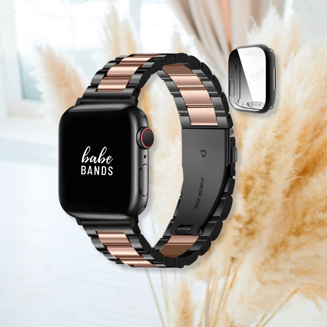 No more basic vibes. Step up your babe game with our premium Babe Bands to elevate your style.    Upgrade your Apple Watch with our Premium Classic Style Metal Band + Case Apple Watch Set.  Indulge in the luxury look and feel of our Apple Watch band, crafted from high-quality stainless steel in gorgeous classic metal band style and coordinating case. Some color options offer a beautiful contrasting color detail for added style.