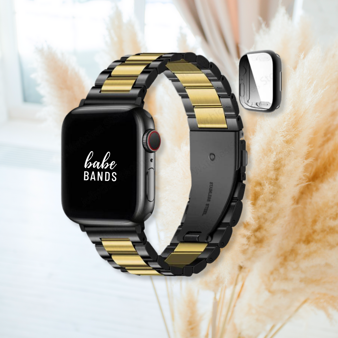 No more basic vibes. Step up your babe game with our premium Babe Bands to elevate your style.    Upgrade your Apple Watch with our Premium Classic Style Metal Band + Case Apple Watch Set.  Indulge in the luxury look and feel of our Apple Watch band, crafted from high-quality stainless steel in gorgeous classic metal band style and coordinating case. Some color options offer a beautiful contrasting color detail for added style.