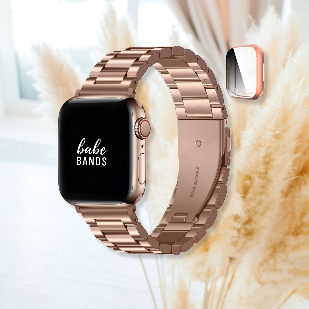 No more basic vibes. Step up your babe game with our premium Babe Bands to elevate your style.    Upgrade your Apple Watch with our Premium Classic Style Metal Band + Case Apple Watch Set.  Indulge in the luxury look and feel of our Apple Watch band, crafted from high-quality stainless steel in gorgeous classic metal band style and coordinating case. Some color options offer a beautiful contrasting color detail for added style.