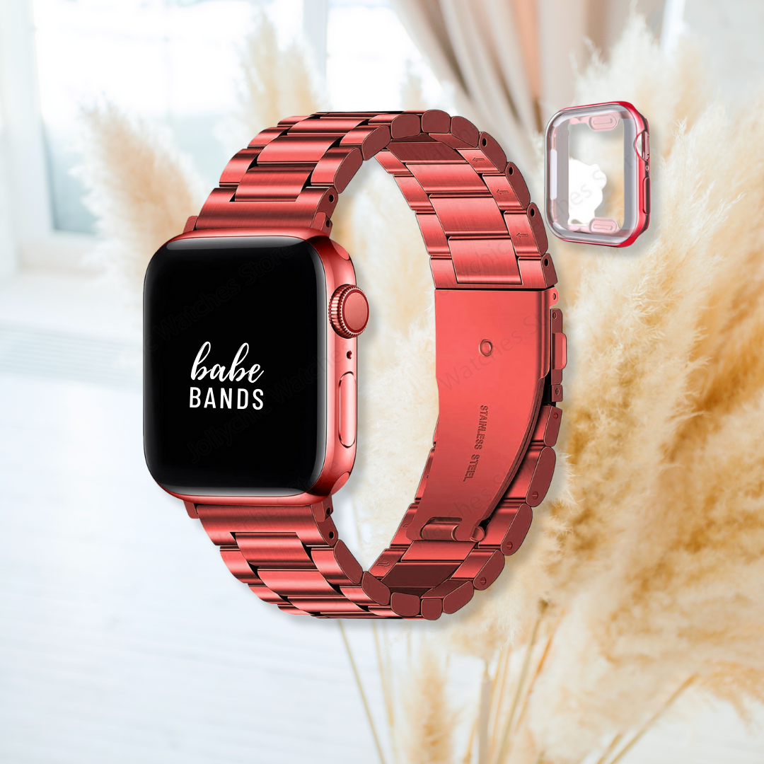 No more basic vibes. Step up your babe game with our premium Babe Bands to elevate your style.    Upgrade your Apple Watch with our Premium Classic Style Metal Band + Case Apple Watch Set.  Indulge in the luxury look and feel of our Apple Watch band, crafted from high-quality stainless steel in gorgeous classic metal band style and coordinating case. Some color options offer a beautiful contrasting color detail for added style.