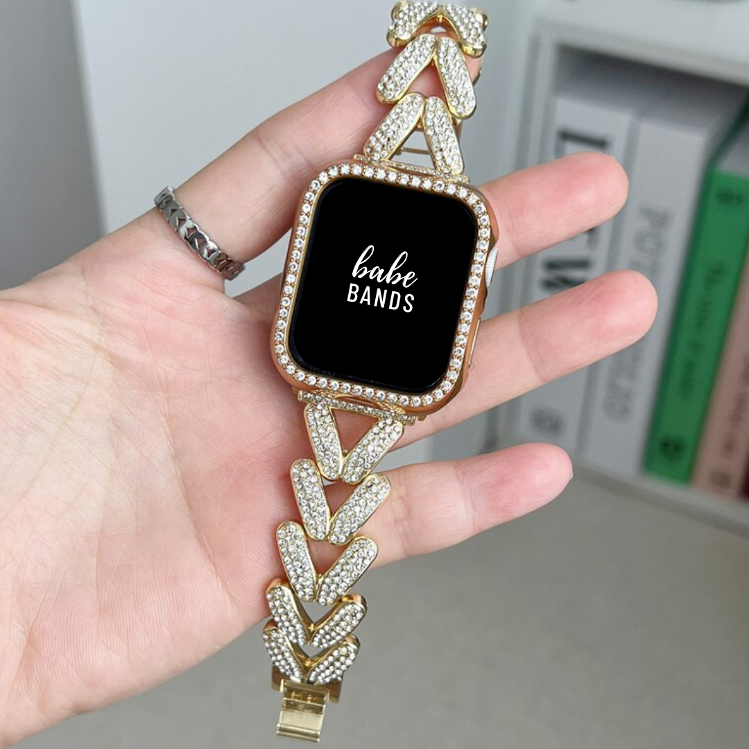 No more basic vibes. Step up your babe game with our premium Babe Bands to elevate your style.    Upgrade your Apple Watch with our Premium Crystal Braided Chain Stainless Steel Band + Crystal Case set.  Indulge in the luxury look and feel of our Apple Watch band, crafted from high-quality stainless steel in an elegant chunky chain style embellished with faux diamonds. 