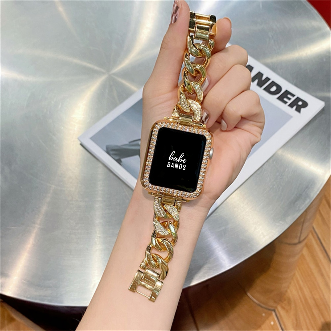 No more basic vibes. Step up your babe game with our premium Babe Bands to elevate your style.    Upgrade your Samsung Galaxy Watch with our Premium Crystal Stainless Steel Chunky Chain Band and Crystal Case Set.  Indulge in the luxury look and feel of our Samsung Galaxy Watch band, crafted from high-quality stainless steel in an elegant chunky chain style, with shining crystal embellishments. 