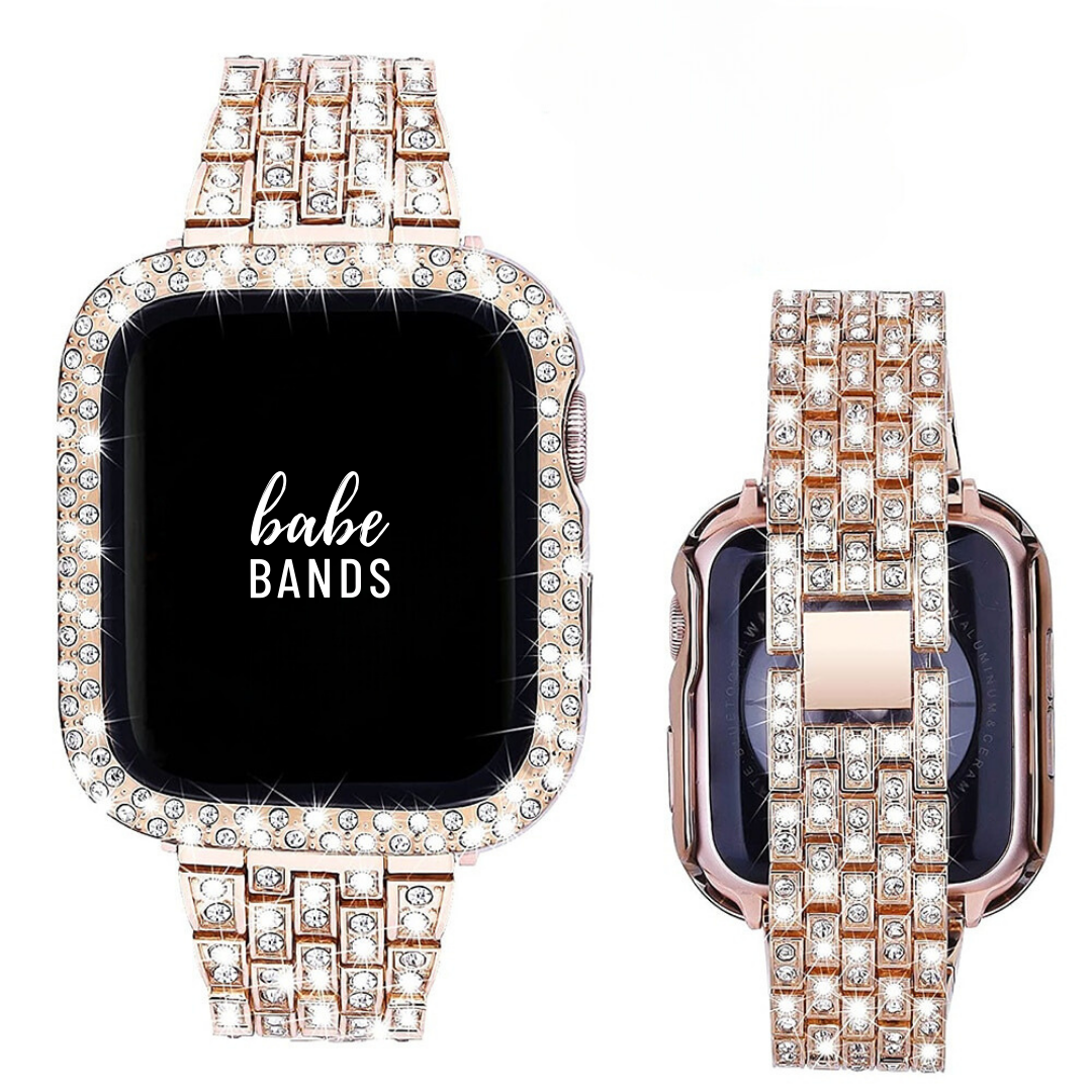 No more basic vibes. Step up your babe game with our premium Babe Bands to elevate your style.    Upgrade your Apple Watch with our Premium Full Crystal Embellished Classic Style Band + Crystal Cover.  Indulge in the luxury look and feel of our Apple Watch band, crafted from high-quality stainless steel in an elegant classic watch band style, with shining faux diamond embellished throughout the band and cover.