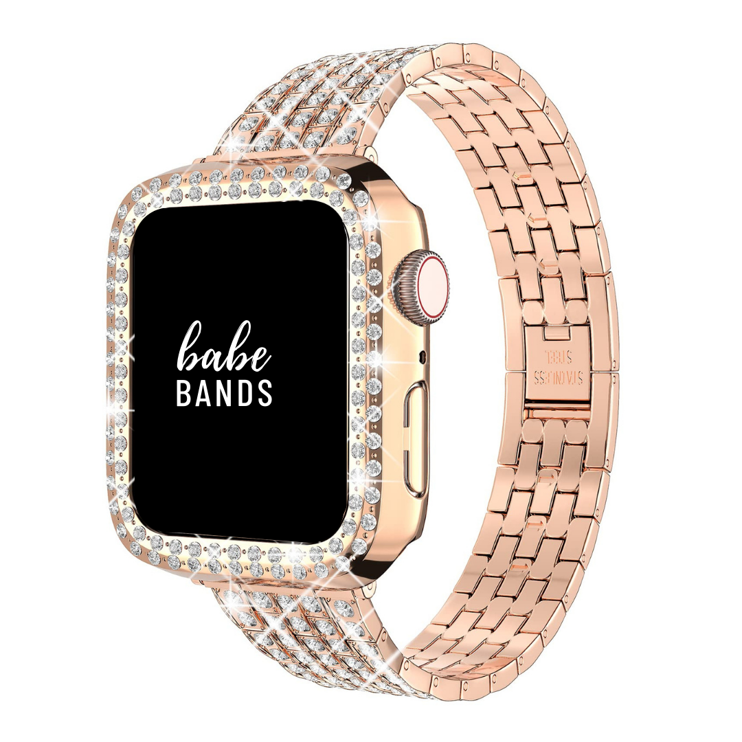 No more basic vibes. Step up your babe game with our premium Babe Bands to elevate your style.    Upgrade your Apple Watch with our Premium Full Crystal Embellished Classic Style Band + Crystal Cover.  Indulge in the luxury look and feel of our Apple Watch band, crafted from high-quality stainless steel in an elegant classic watch band style, with shining faux diamond embellished throughout the band and cover.