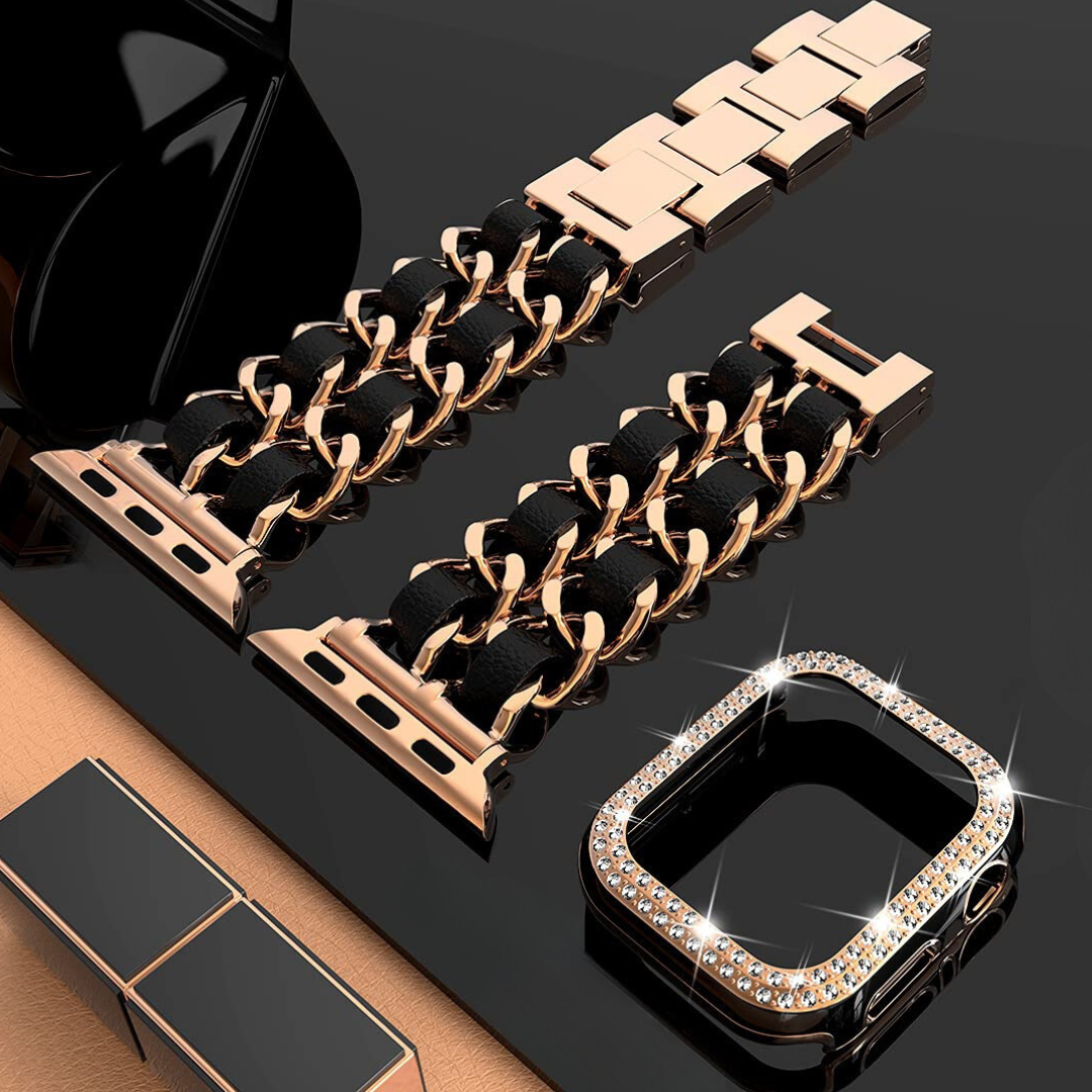 No more basic vibes. Step up your babe game with our premium Babe Bands to elevate your style.   Upgrade your Apple Watch with our Premium Leather Belted Double Chain Strap + Crystal Case Apple Watch Set.  Indulge in the luxury look and feel of our Apple Watch band, crafted from high-quality stainless steel double chain embellished with leather detail, and a faux diamond face case. Each strap is designed to fit your Apple Watch seamlessly out of the box, and is adjustable with removable clasps. 