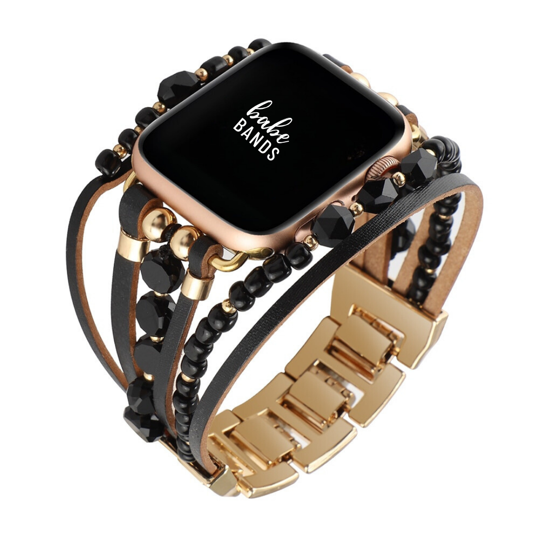 No more basic vibes. Step up your babe game with our premium Babe Bands to elevate your style.    Upgrade your Apple Watch with our Premium Leather and Beaded Layered Bracelet Apple Watch Band.  Indulge in the luxury look and feel of our Apple Watch band, crafted from high-quality stainless steel with a multi bracelet strap style with leather and bead detail for added style.