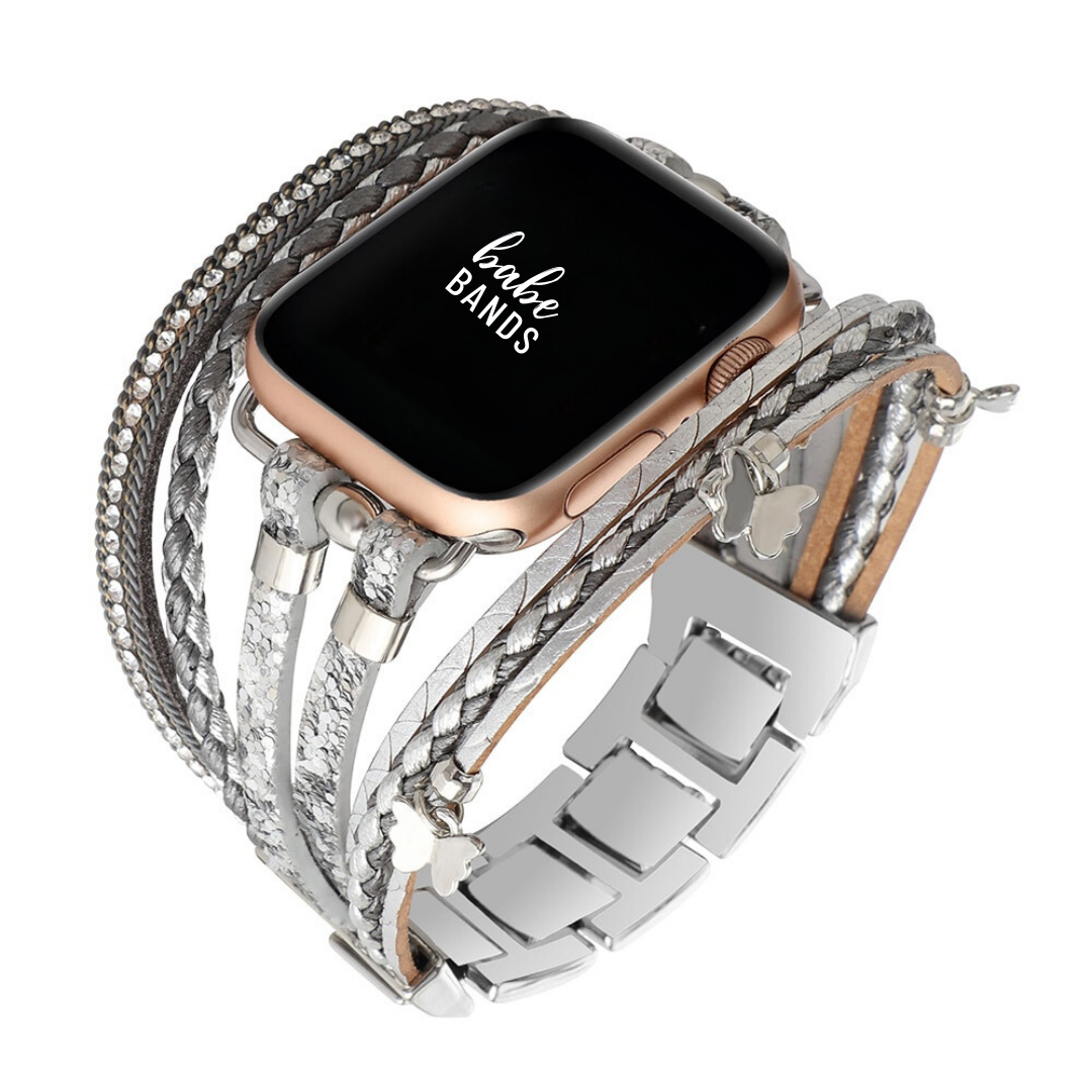 No more basic vibes. Step up your babe game with our premium Babe Bands to elevate your style.    Upgrade your Apple Watch with our Premium Leather and Beaded Layered Bracelet Apple Watch Band.  Indulge in the luxury look and feel of our Apple Watch band, crafted from high-quality stainless steel with a multi bracelet strap style with leather and bead detail for added style.