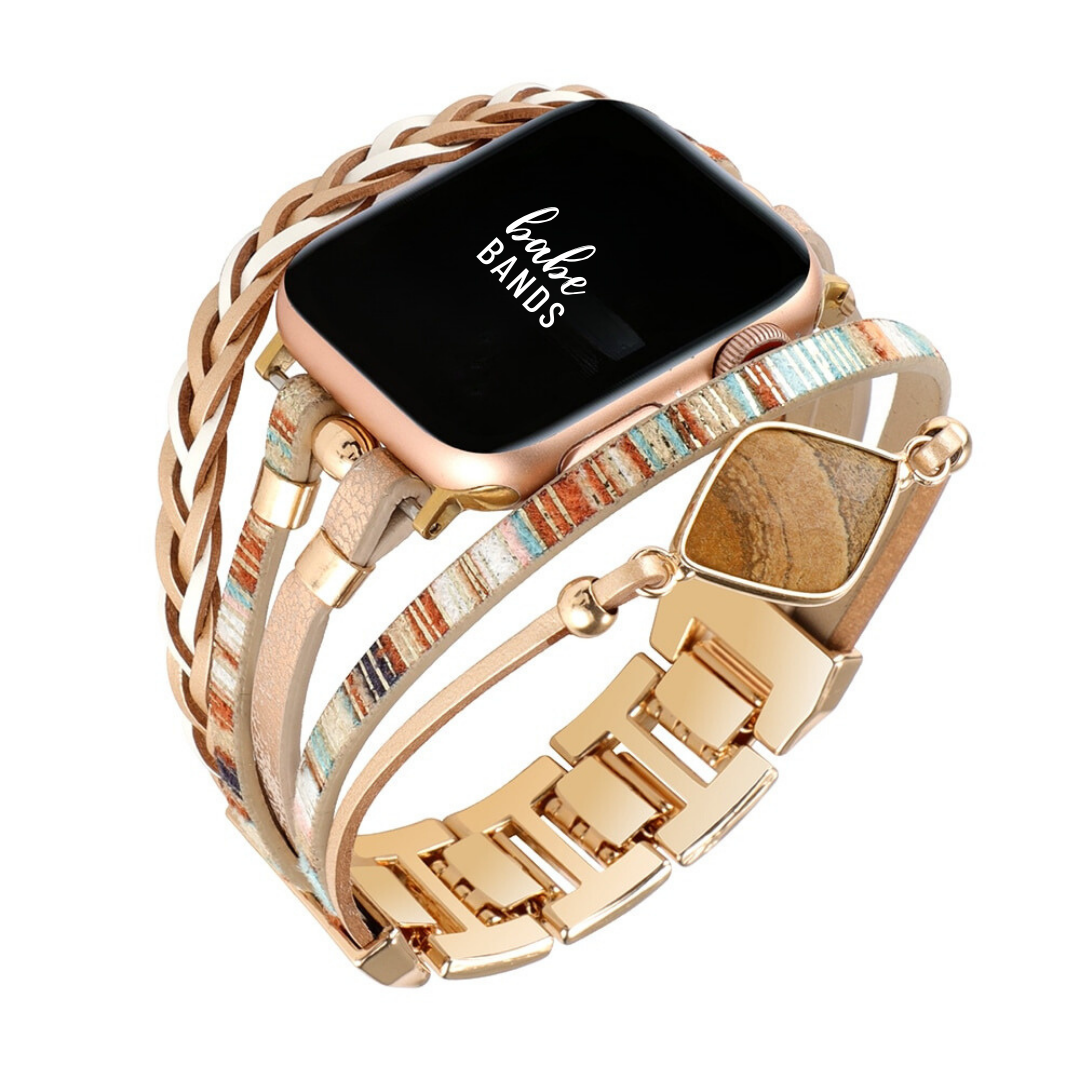 No more basic vibes. Step up your babe game with our premium Babe Bands to elevate your style.    Upgrade your Apple Watch with our Premium Leather and Beaded Layered Bracelet Apple Watch Band.  Indulge in the luxury look and feel of our Apple Watch band, crafted from high-quality stainless steel with a multi bracelet strap style with leather and bead detail for added style.