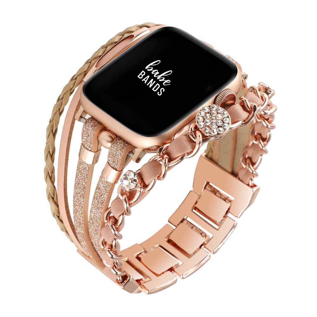 No more basic vibes. Step up your babe game with our premium Babe Bands to elevate your style.    Upgrade your Apple Watch with our Premium Leather and Beaded Layered Bracelet Apple Watch Band.  Indulge in the luxury look and feel of our Apple Watch band, crafted from high-quality stainless steel with a multi bracelet strap style with leather and bead detail for added style.