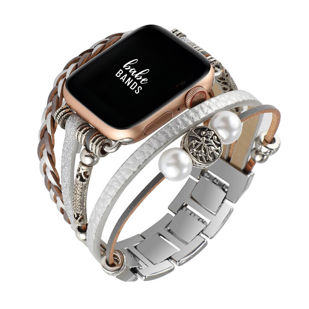 No more basic vibes. Step up your babe game with our premium Babe Bands to elevate your style.    Upgrade your Apple Watch with our Premium Leather and Beaded Layered Bracelet Apple Watch Band.  Indulge in the luxury look and feel of our Apple Watch band, crafted from high-quality stainless steel with a multi bracelet strap style with leather and bead detail for added style.