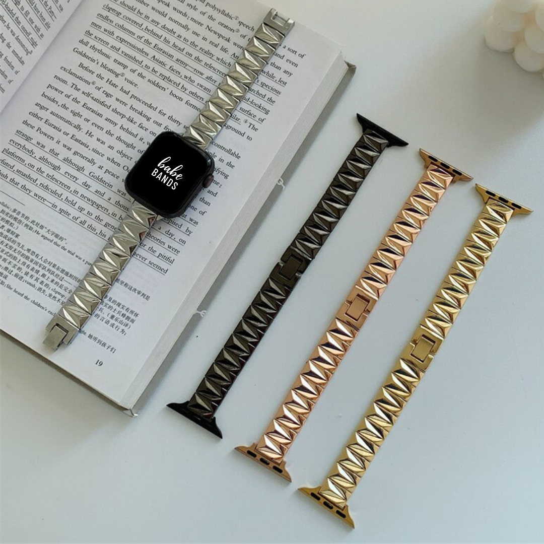 No more basic vibes. Step up your babe game with our premium Babe Bands to elevate your style.    Upgrade your Apple Watch with our Premium 3D Geometric Apple Watch Band.  Indulge in the luxury look and feel of our Apple Watch band, crafted from high-quality stainless steel in a classic watch band style with a beautiful raised geometric detail.