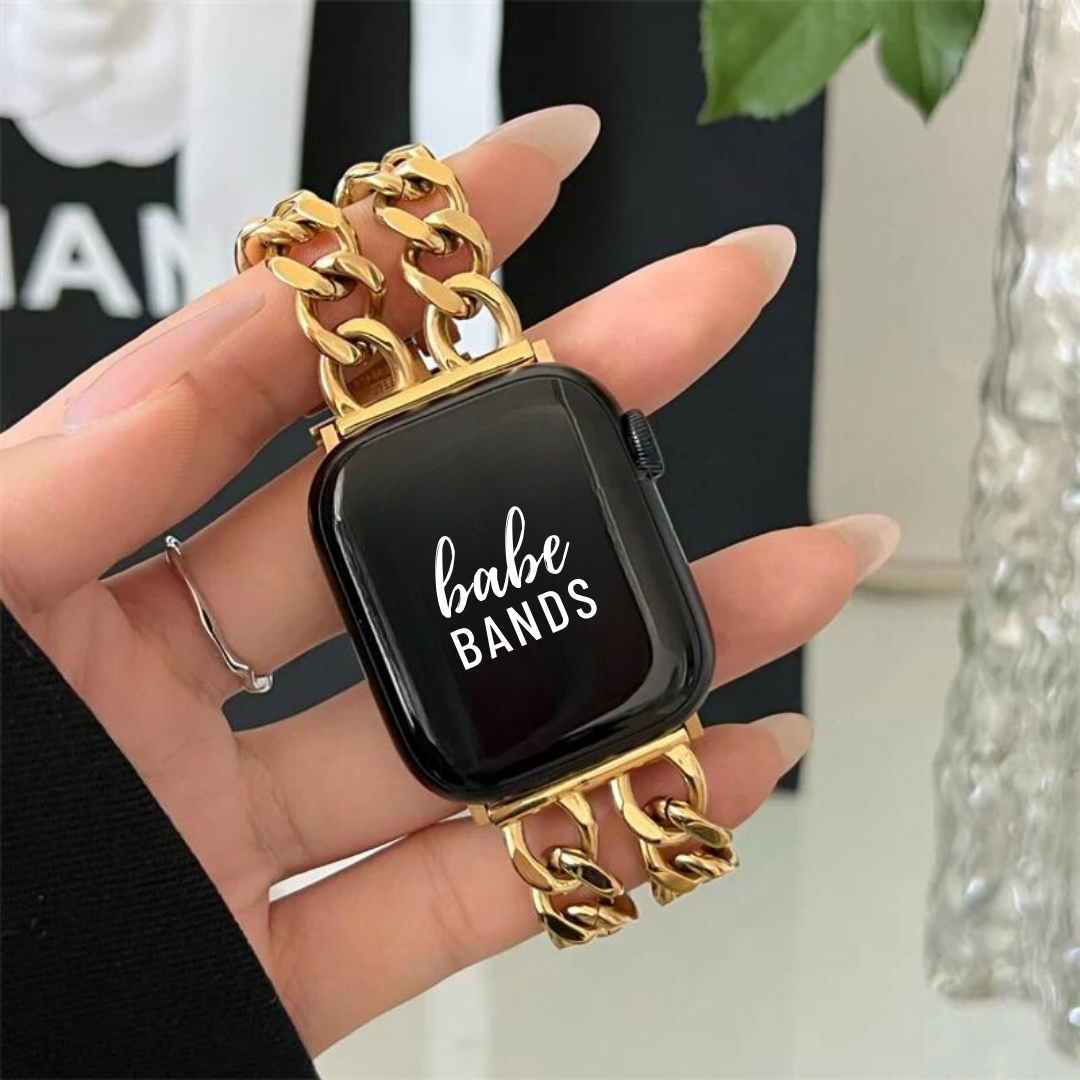 No more basic vibes. Step up your babe game with our premium Babe Bands to elevate your style.   Upgrade your Apple Watch with our Premium Double Chain Stainless Steel Apple Watch Band.  Indulge in the luxury look and feel of our Apple Watch band, crafted from high-quality stainless steel in an elegant chunky double chain style. 