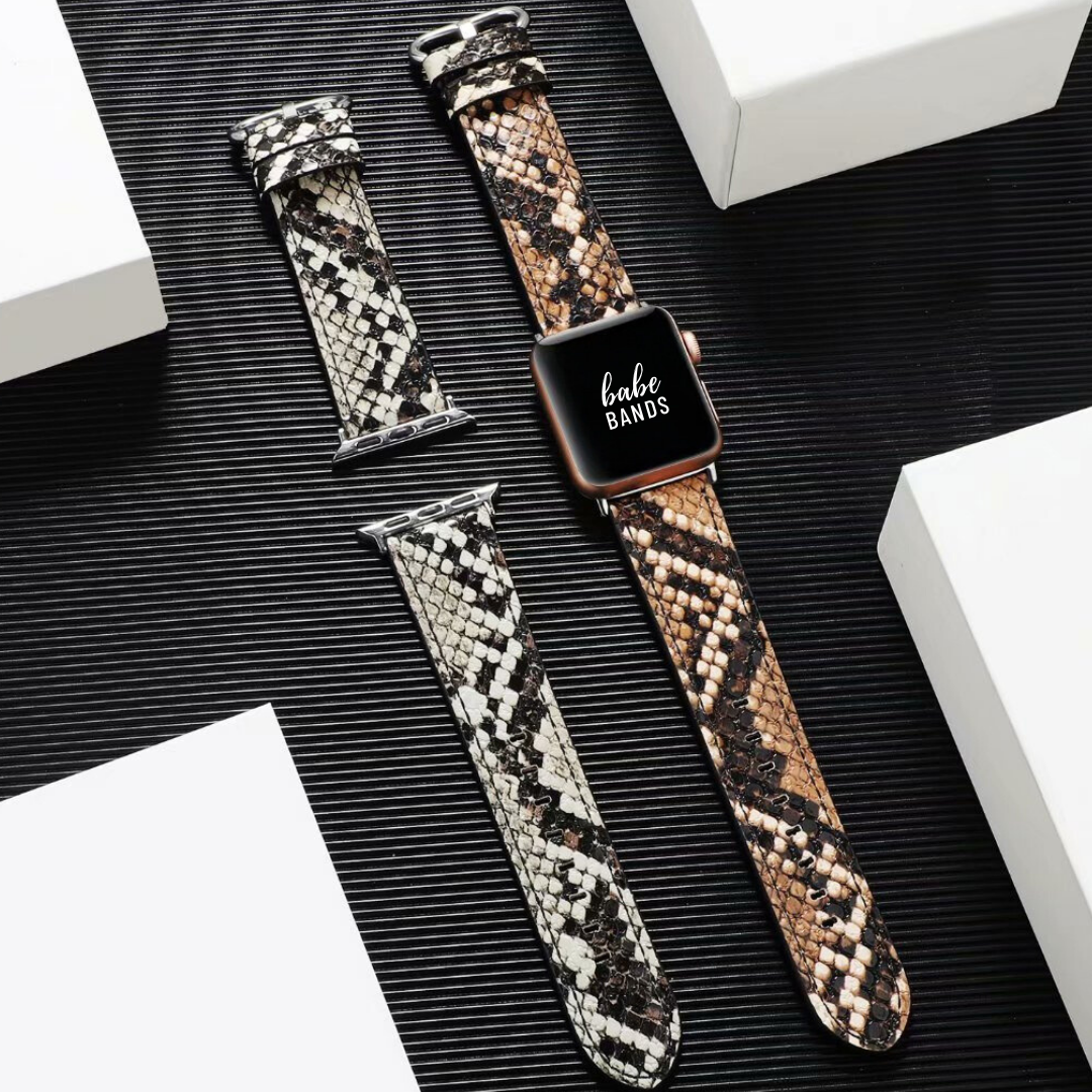 No more basic vibes. Step up your babe game with our premium Babe Bands to elevate your style.    Upgrade your Apple Watch with our Premium Genuine Leather Snake Skin Apple Watch Band.  Indulge in the luxury look and feel of our Apple Watch band, crafted from high-quality snake skin print genuine leather with a stainless steel classic buckle closure. Comes with clear cover.