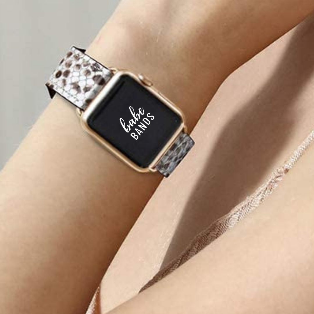 No more basic vibes. Step up your babe game with our premium Babe Bands to elevate your style.    Upgrade your Apple Watch with our Premium Genuine Leather Snake Skin Apple Watch Band.  Indulge in the luxury look and feel of our Apple Watch band, crafted from high-quality snake skin print genuine leather with a stainless steel classic buckle closure. Comes with clear cover.