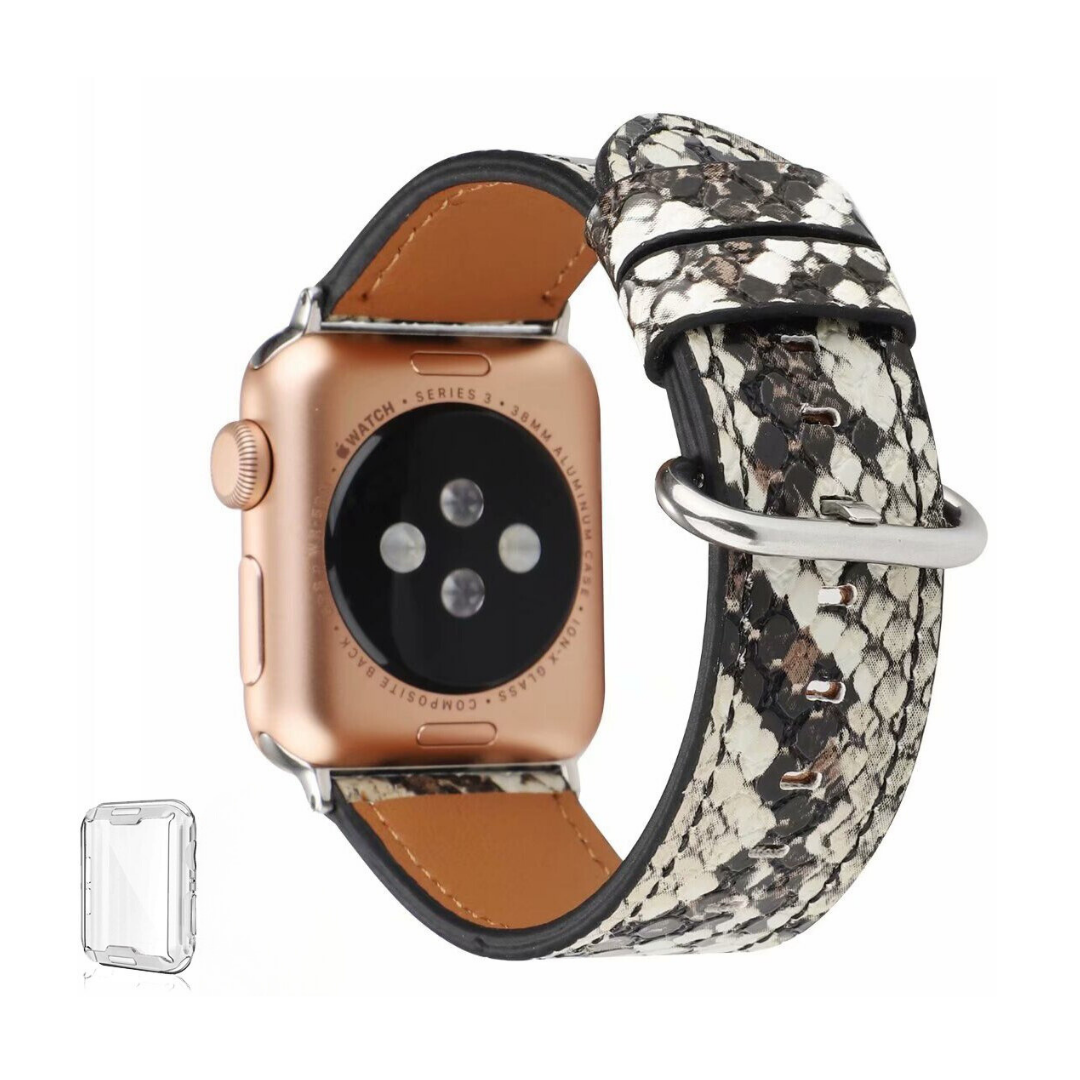 No more basic vibes. Step up your babe game with our premium Babe Bands to elevate your style.    Upgrade your Apple Watch with our Premium Genuine Leather Snake Skin Apple Watch Band.  Indulge in the luxury look and feel of our Apple Watch band, crafted from high-quality snake skin print genuine leather with a stainless steel classic buckle closure. Comes with clear cover.