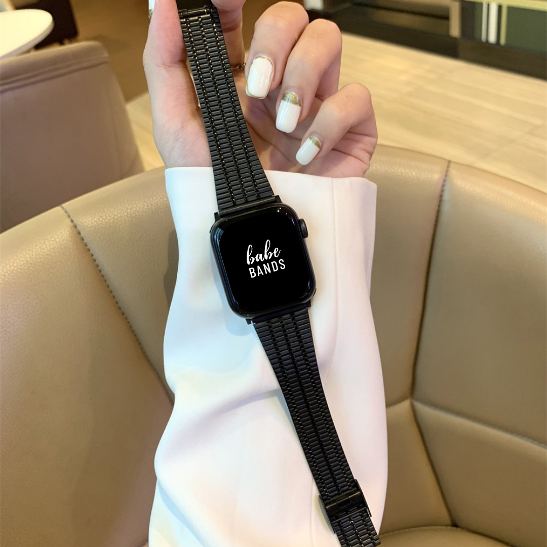 No more basic vibes. Step up your babe game with our premium Babe Bands to elevate your style.    Upgrade your Apple Watch with our Premium Slim Stainless 3 Stripe Classic Style Apple Watch Band.  Indulge in the luxury look and feel of our Apple Watch band, crafted from high-quality stainless steel in a classic watch band style with contrasting stripe detail.