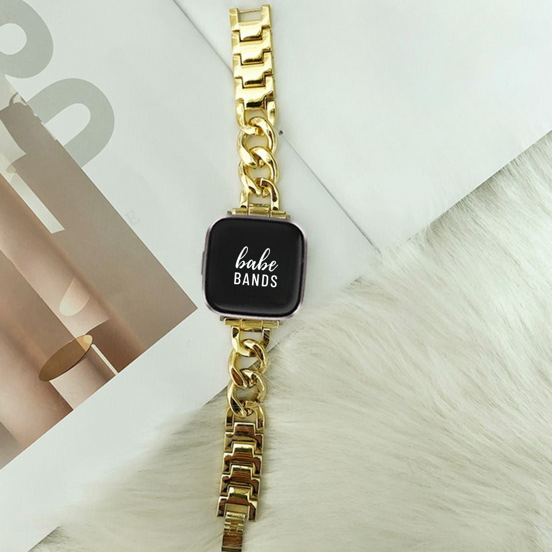 No more basic vibes. Step up your babe game with our premium Babe Bands to elevate your style.    Upgrade your Fitbit Versa or Fitbit Sense with our Premium Stainless Steel Chunky Chain Fitbit Versa/Sense Band.  Indulge in the luxury look and feel of our Fitbit band, crafted from high-quality stainless steel in a timeless chunky chain style.