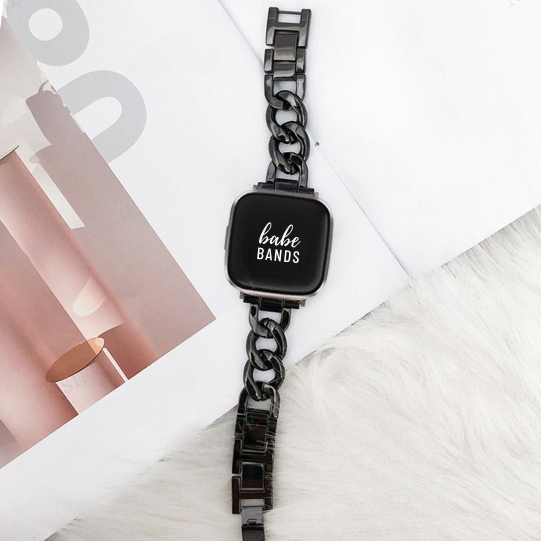 No more basic vibes. Step up your babe game with our premium Babe Bands to elevate your style.    Upgrade your Fitbit Versa or Fitbit Sense with our Premium Stainless Steel Chunky Chain Fitbit Versa/Sense Band.  Indulge in the luxury look and feel of our Fitbit band, crafted from high-quality stainless steel in a timeless chunky chain style.