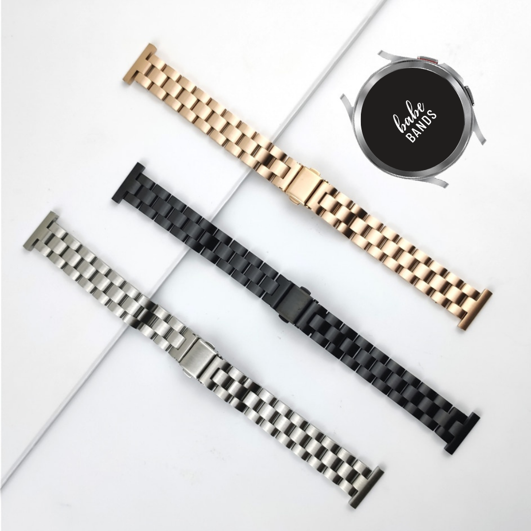 No more basic vibes. Step up your babe game with our premium Babe Bands to elevate your style.  Upgrade your Samsung Galaxy Watch with our Premium Stainless Steel Classic Link Style Samsung Galaxy Watch Band. Indulge in the luxury look and feel of our Samsung Galaxy Watch band, crafted from high-quality stainless steel in a classic link style with a folding clasp closure.