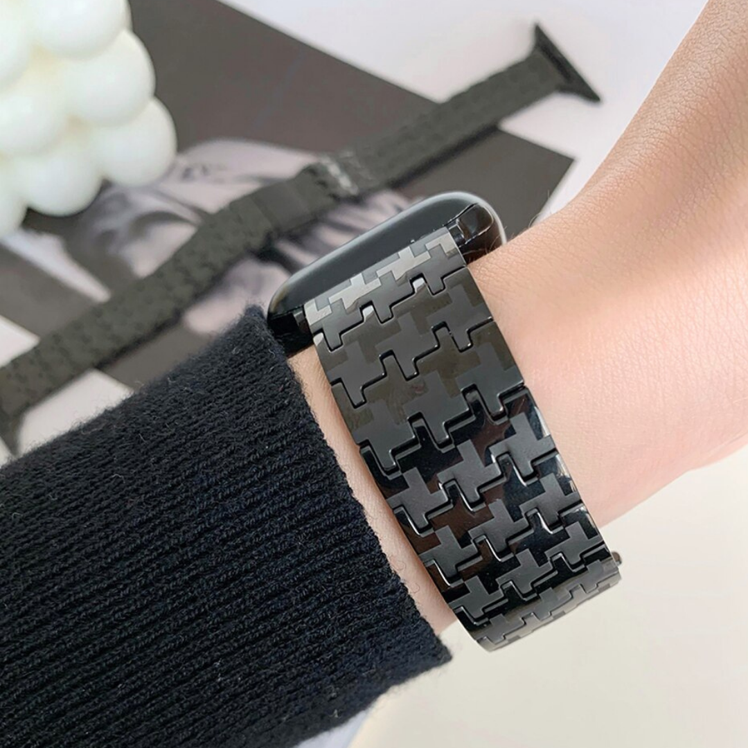 No more basic vibes. Step up your babe game with our premium Babe Bands to elevate your style.    Upgrade your Apple Watch with our Premium Stainless Steel Classic Style Houndstooth Print Apple Watch Band.  Indulge in the luxury look and feel of our Apple Watch band, crafted from high-quality stainless steel in gorgeous classic link band with a houndstooth print made out of contrasting shiny and matte finishes.