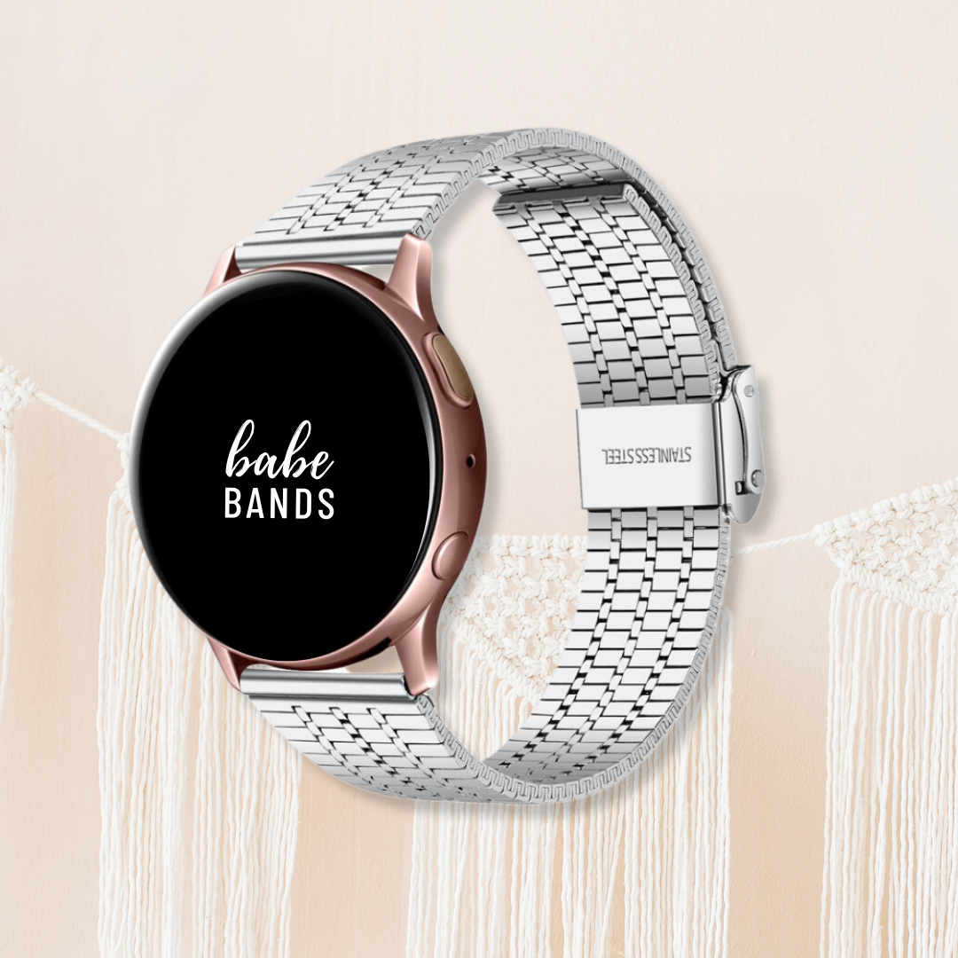 No more basic vibes. Step up your babe game with our premium Babe Bands to elevate your style.  Upgrade your Samsung Galaxy Watch with our Premium Stainless Steel Classic Style Triple Stripe Samsung Galaxy Watch Band. Indulge in the luxury look and feel of our Samsung Galaxy Watch band, crafted from high-quality stainless steel in a classic link style with a triple stripe contrast line detail.