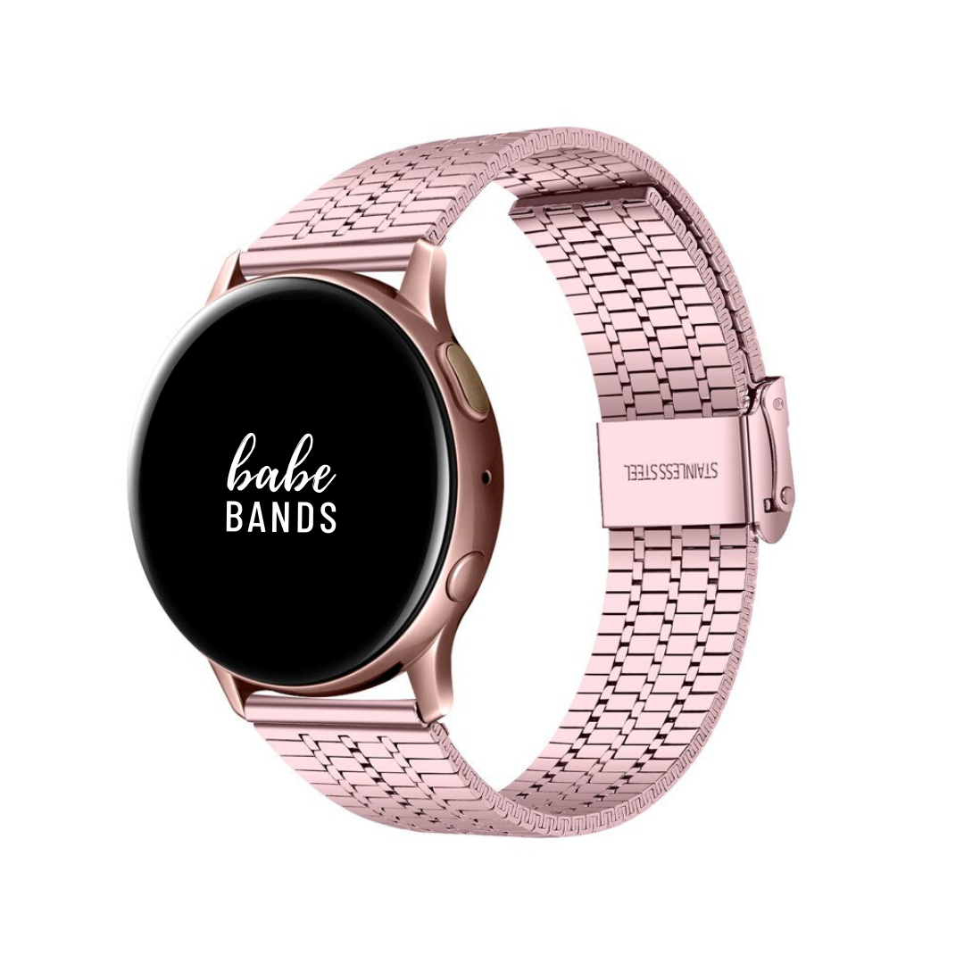 No more basic vibes. Step up your babe game with our premium Babe Bands to elevate your style.  Upgrade your Samsung Galaxy Watch with our Premium Stainless Steel Classic Style Triple Stripe Samsung Galaxy Watch Band. Indulge in the luxury look and feel of our Samsung Galaxy Watch band, crafted from high-quality stainless steel in a classic link style with a triple stripe contrast line detail.