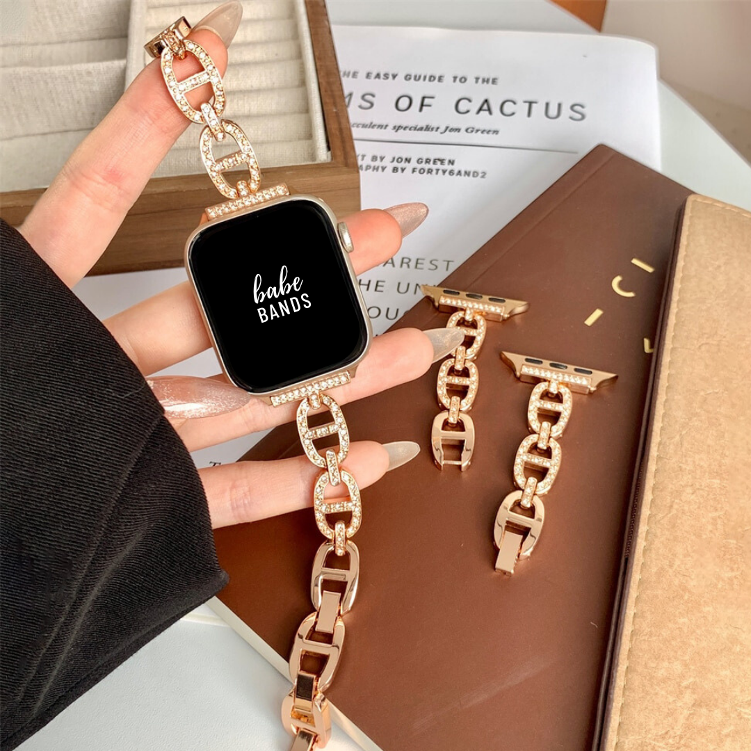 No more basic vibes. Step up your babe game with our premium Babe Bands to elevate your style.    Upgrade your Apple Watch with our Premium Stainless Steel Crystal Embellished Mariner Chain Apple Watch Band.  Indulge in the luxury look and feel of our Apple Watch band, crafted from high-quality stainless steel in gorgeous mariner chain design embellished with faux diamonds for added style.