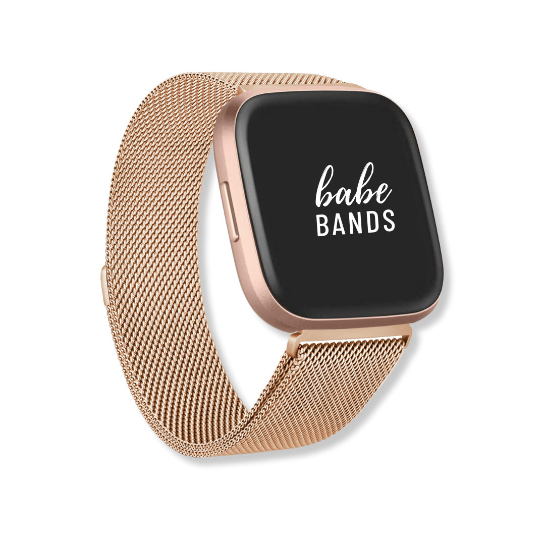 No more basic vibes. Step up your babe game with our premium Babe Bands to elevate your style.   Upgrade your Fitbit Versa or Fitbit Sense with our Premium Stainless Steel Mesh Chain Fitbit Versa/Sense Band.  Indulge in the luxury look and feel of our Fitbit band, crafted from high-quality stainless steel in a classic mesh chain style band with a stylish connector, and magnetic closure.