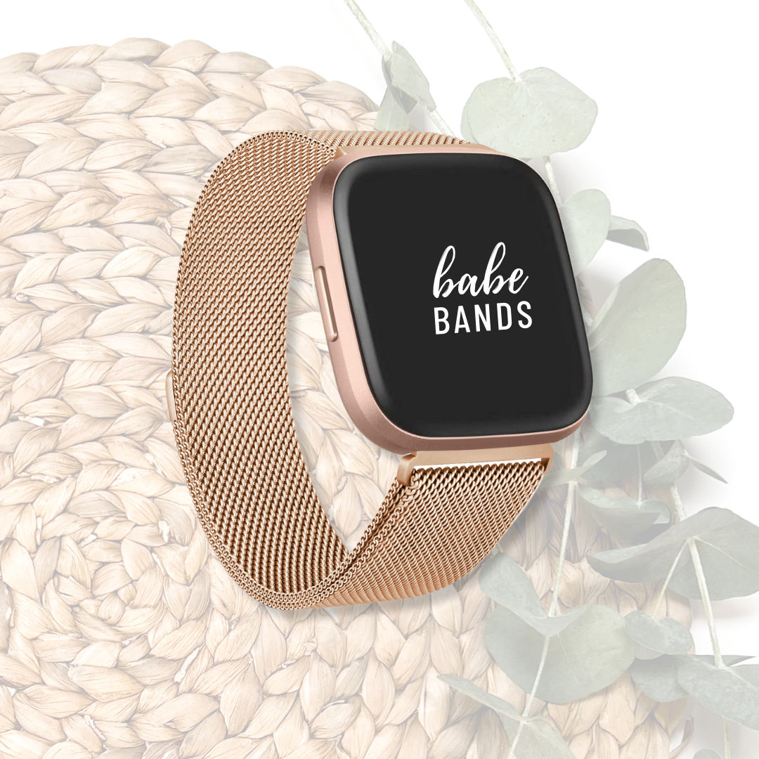 No more basic vibes. Step up your babe game with our premium Babe Bands to elevate your style.   Upgrade your Fitbit Versa or Fitbit Sense with our Premium Stainless Steel Mesh Chain Fitbit Versa/Sense Band.  Indulge in the luxury look and feel of our Fitbit band, crafted from high-quality stainless steel in a classic mesh chain style band with a stylish connector, and magnetic closure.