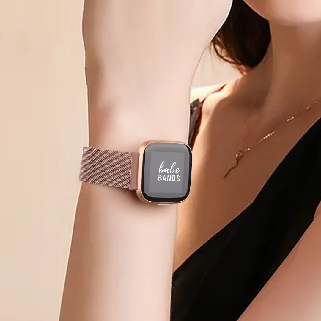 No more basic vibes. Step up your babe game with our premium Babe Bands to elevate your style.   Upgrade your Fitbit Versa or Fitbit Sense with our Premium Stainless Steel Mesh Chain Fitbit Versa/Sense Band.  Indulge in the luxury look and feel of our Fitbit band, crafted from high-quality stainless steel in a classic mesh chain style band with a stylish connector, and magnetic closure.