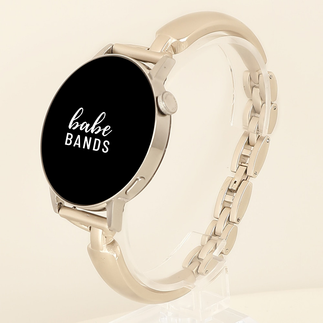 No more basic vibes. Step up your babe game with our premium Babe Bands to elevate your style.   Upgrade your Samsung Galaxy Watch with our Premium Stainless Steel Slim Bangle Style Samsung Galaxy Watch Band.  Indulge in the luxury look and feel of our Samsung Galaxy Watch band, crafted from high-quality stainless steel in a timeless style reminiscing a classic bangle bracelet.