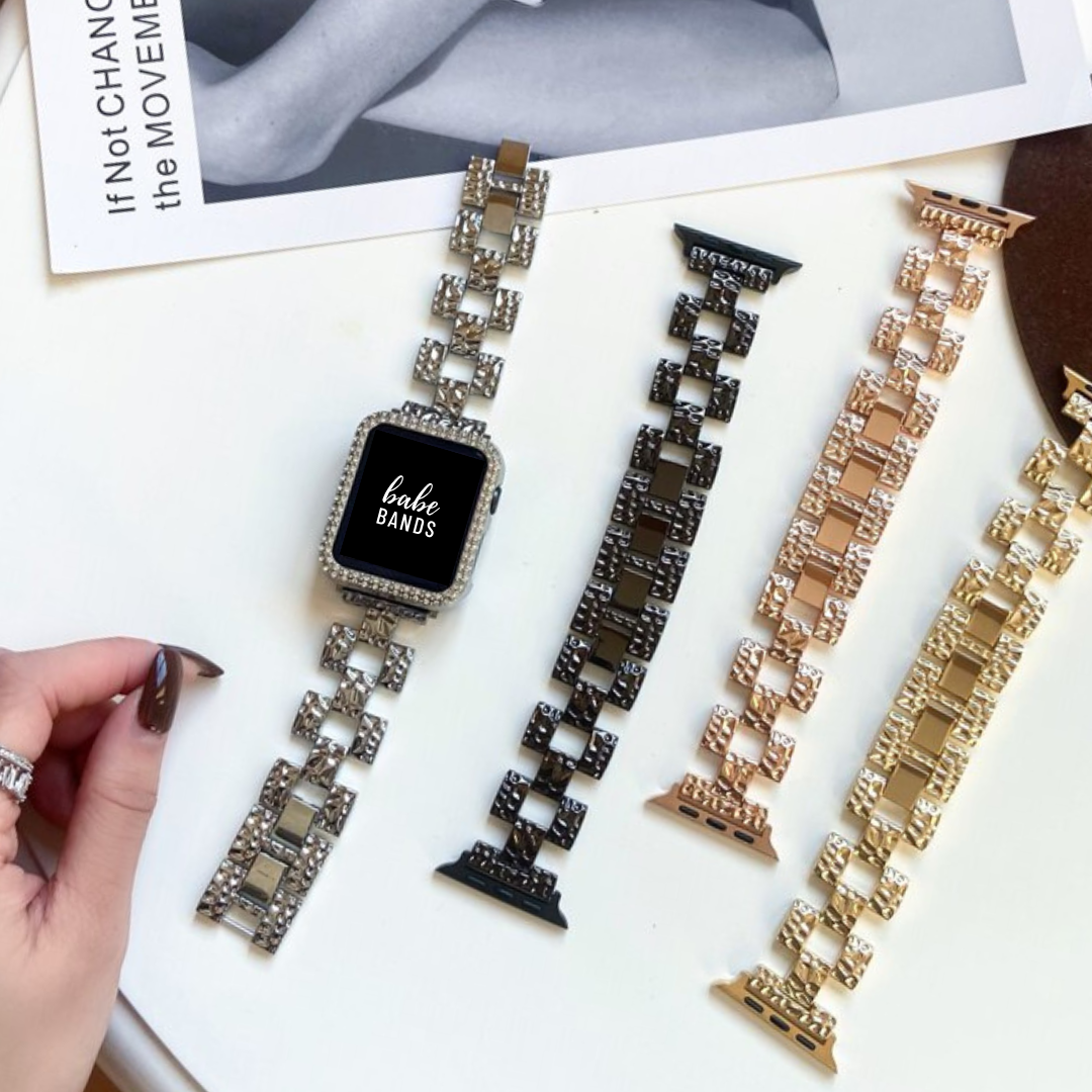 No more basic vibes. Step up your babe game with our premium Babe Bands to elevate your style.    Upgrade your Apple Watch with our Premium Stainless Steel Textured Link Apple Watch Band.  Indulge in the luxury look and feel of our Apple Watch band, crafted from high-quality stainless steel in gorgeous open link style with textured detail for added style.