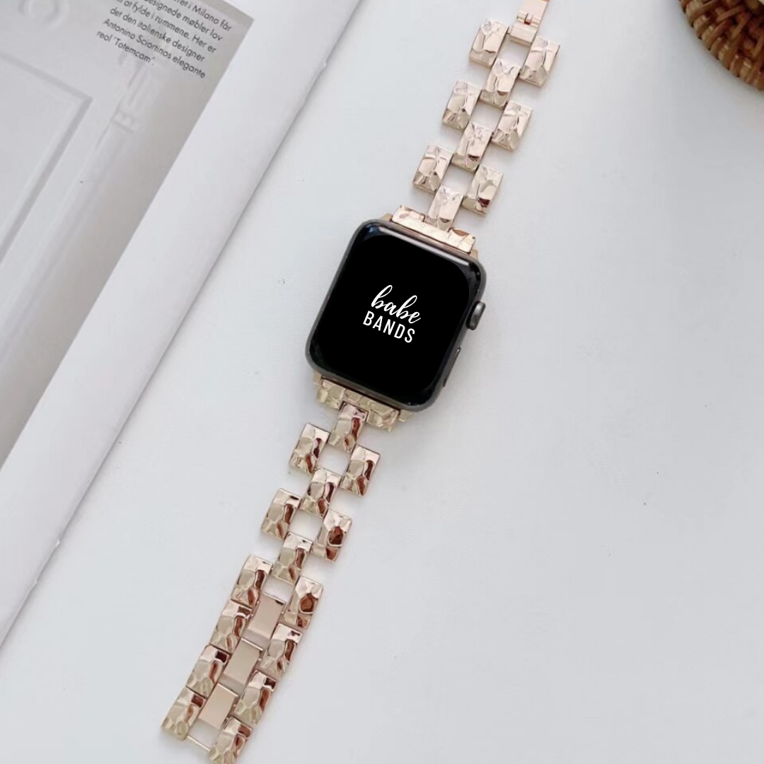 No more basic vibes. Step up your babe game with our premium Babe Bands to elevate your style.    Upgrade your Apple Watch with our Premium Stainless Steel Textured Link Apple Watch Band.  Indulge in the luxury look and feel of our Apple Watch band, crafted from high-quality stainless steel in gorgeous open link style with textured detail for added style.