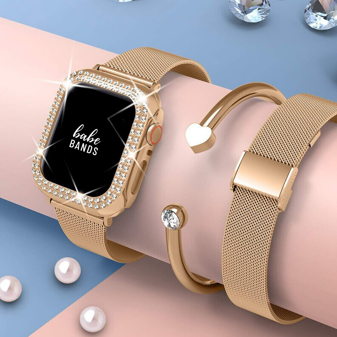 babe bandSNo more basic vibes. Step up your babe game with our premium Babe Bands to elevate your style.   Upgrade your Apple Watch with our Premium Stainless Steel Mesh Chain with Crystal Case Apple Watch Band + Case Set.  Indulge in the luxury look and feel of our Apple Watch band, crafted from high-quality stainless steel in a smooth and classic mini chain link mesh style with snap closure. The cover is embellished with shining faux diamonds.