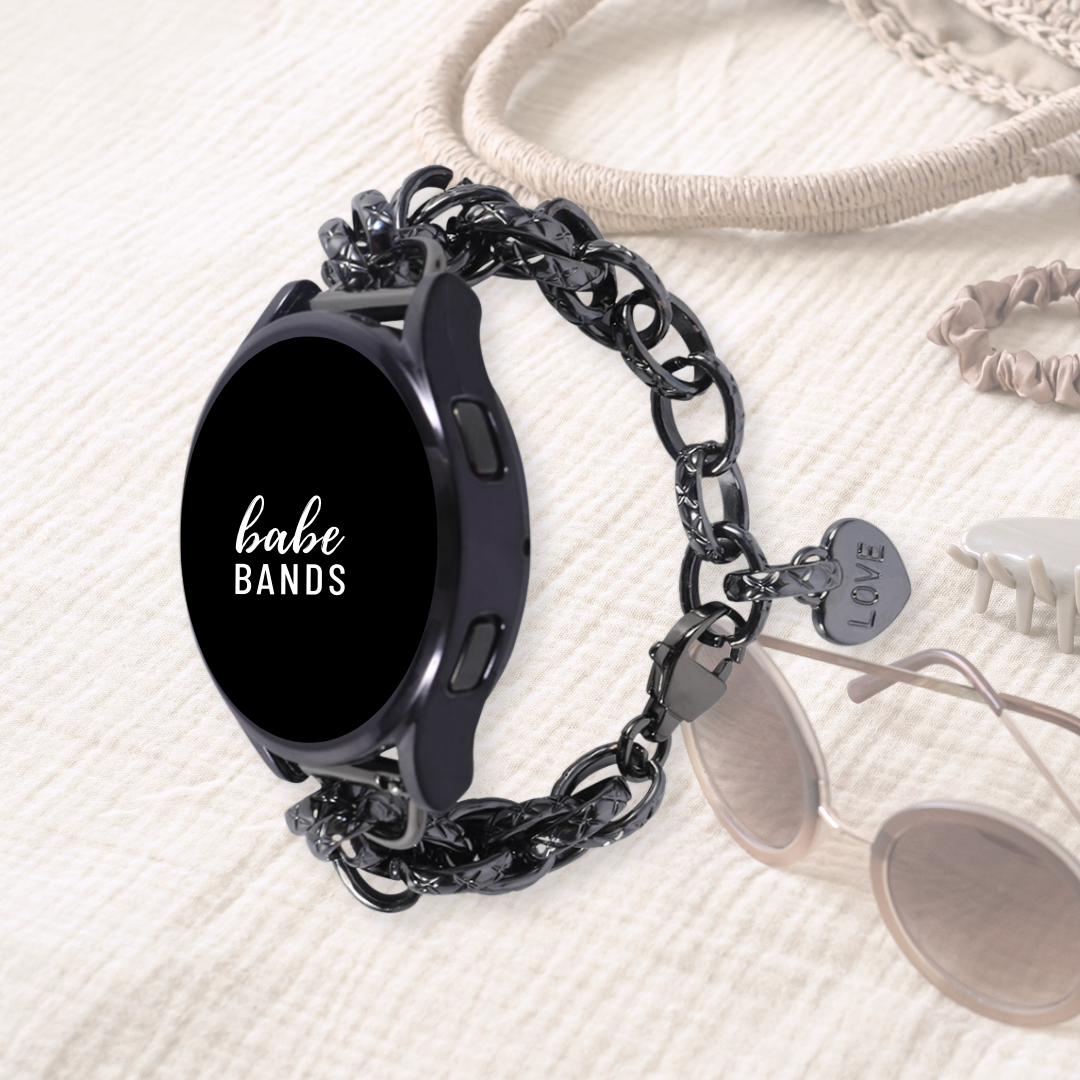 No more basic vibes. Step up your babe game with our premium Babe Bands to elevate your style.    Upgrade your Samsung Galaxy Watch with our Premium Stainless Steel Textured Double Chain Link Samsung Galaxy Watch Band.  Indulge in the luxury look and feel of our Samsung Galaxy Watch band, crafted from high-quality stainless steel in an elegant chain link style with textured chain detailing and a heart shaped "Love" pendant for added style.