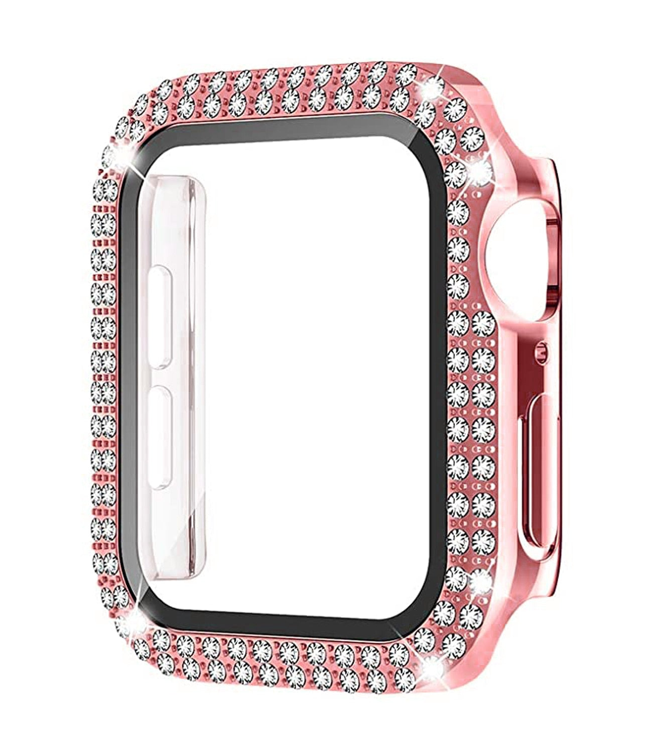 No more basic vibes. Step up your babe game with our premium Babe Bands Case to elevate your Apple Watch style.    Upgrade your Apple Watch with our Premium Double Row Rhinestone Apple Watch Case with Screen Protector.  Indulge in the luxury look of our Apple Watch case, crafted from high-quality materials including a durable Polycarbonate case, a touch sensitive scratch resistant tempered glass screen protector, and sparkling faux diamond border.