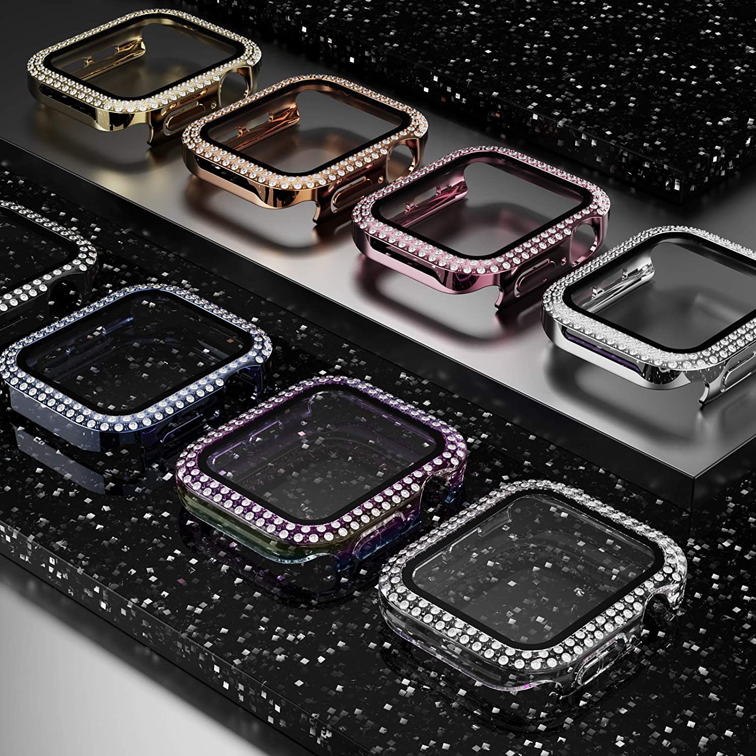 No more basic vibes. Step up your babe game with our premium Babe Bands Case to elevate your Apple Watch style.    Upgrade your Apple Watch with our Premium Double Row Rhinestone Apple Watch Case with Screen Protector.  Indulge in the luxury look of our Apple Watch case, crafted from high-quality materials including a durable Polycarbonate case, a touch sensitive scratch resistant tempered glass screen protector, and sparkling faux diamond border.