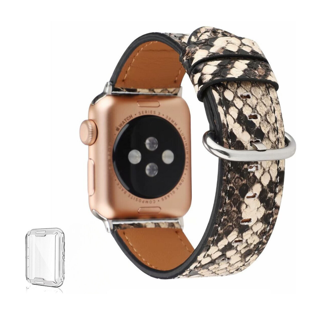 No more basic vibes. Step up your babe game with our premium Babe Bands to elevate your style.    Upgrade your Apple Watch with our Premium Genuine Leather Snake Skin Apple Watch Band.  Indulge in the luxury look and feel of our Apple Watch band, crafted from high-quality snake skin print genuine leather with a stainless steel classic buckle closure. Comes with clear cover.