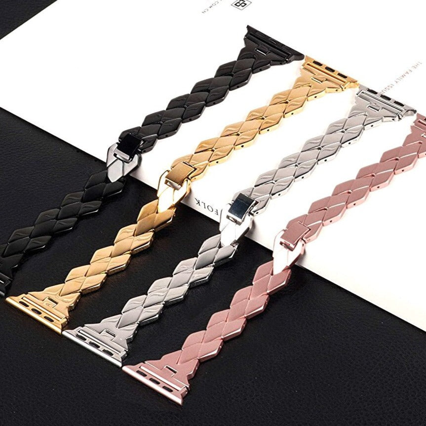 No more basic vibes. Step up your babe game with our premium Babe Bands to elevate your style.    Upgrade your Apple Watch with our Premium Diamond Shape Scaled Stainless Steel Apple Watch Band.  Indulge in the luxury look and feel of our Apple Watch band, crafted from high-quality stainless steel in an elegant diamond shape geometric scale pattern. 