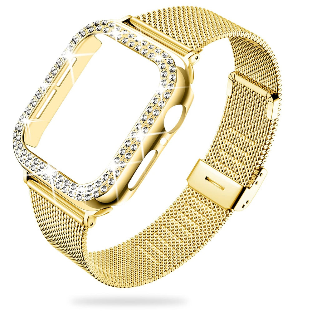 No more basic vibes. Step up your babe game with our premium Babe Bands to elevate your style.   Upgrade your Apple Watch with our Premium Stainless Steel Mesh Chain with Crystal Case Apple Watch Band + Case Set.  Indulge in the luxury look and feel of our Apple Watch band, crafted from high-quality stainless steel in a smooth and classic mini chain link mesh style with snap closure. The cover is embellished with shining faux diamonds.