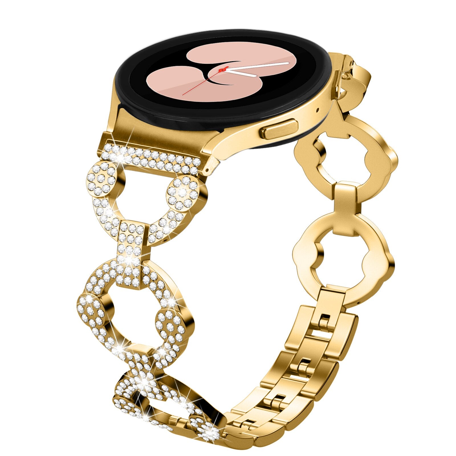 No more basic vibes. Step up your babe game with our premium Babe Bands to elevate your style.   Upgrade your Samsung Galaxy Watch with our Premium Crystal Embellished O-Chain Band Samsung Galaxy Watch Band.  Indulge in the luxury look and feel of our Samsung Galaxy Watch band, crafted from high-quality stainless steel in an elegant o-chain style, with shining faux diamond embellishments. 