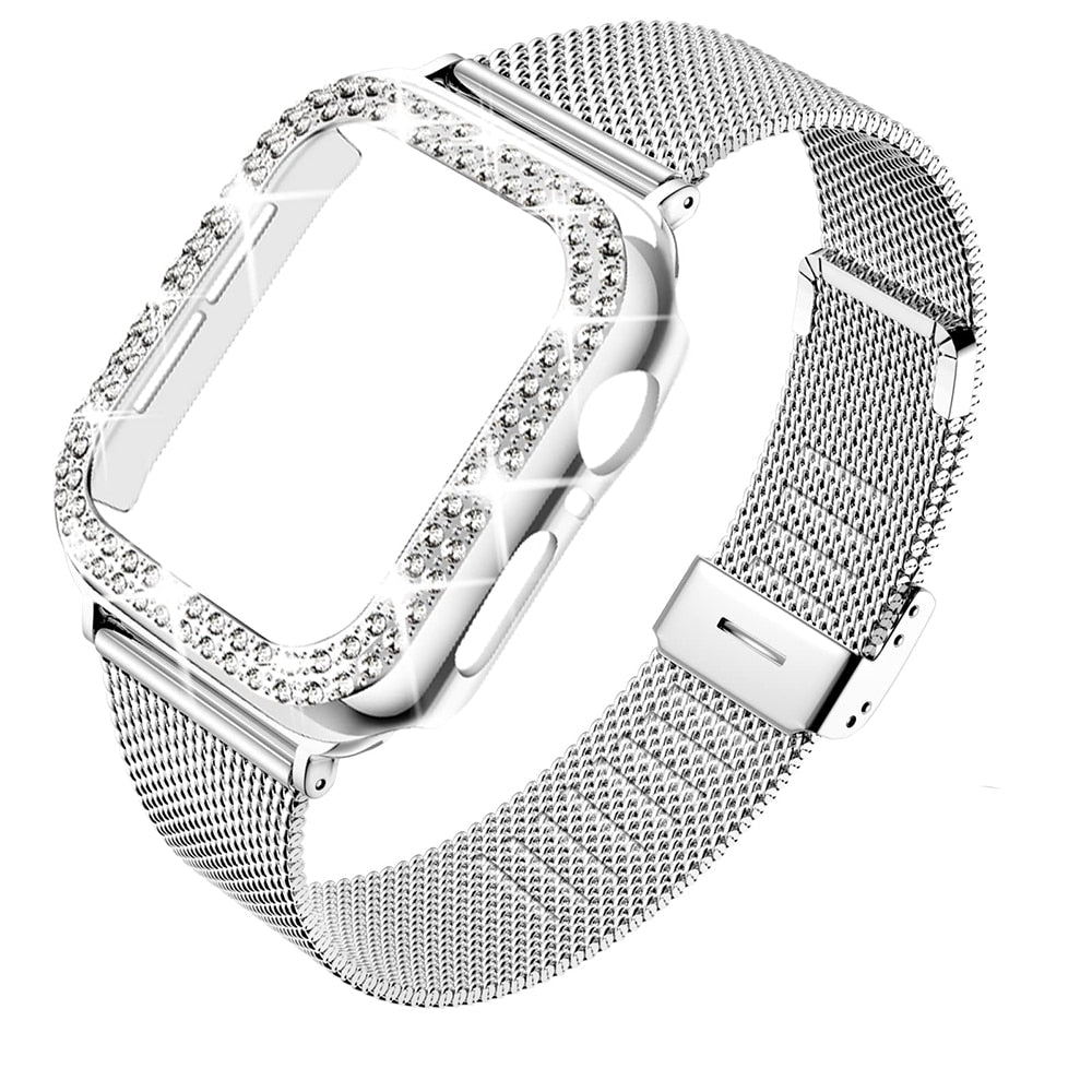 No more basic vibes. Step up your babe game with our premium Babe Bands to elevate your style.   Upgrade your Apple Watch with our Premium Stainless Steel Mesh Chain with Crystal Case Apple Watch Band + Case Set.  Indulge in the luxury look and feel of our Apple Watch band, crafted from high-quality stainless steel in a smooth and classic mini chain link mesh style with snap closure. The cover is embellished with shining faux diamonds.