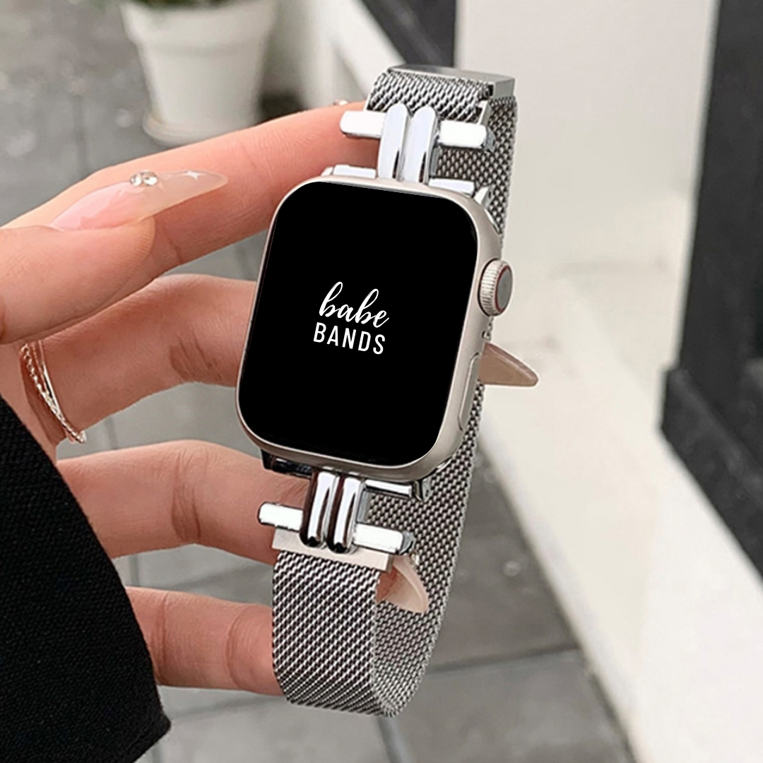 No more basic vibes. Step up your babe game with our premium Babe Bands to elevate your style.   Upgrade your Apple Watch with our Premium Stylized Mesh Chain Apple Watch Band.  Indulge in the luxury look and feel of our Apple Watch band, crafted from high-quality stainless steel in a classic mesh chain style band with a stylish connector, and magnetic closure.