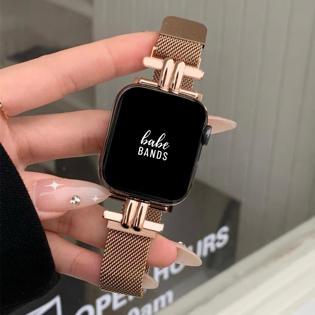 No more basic vibes. Step up your babe game with our premium Babe Bands to elevate your style.   Upgrade your Apple Watch with our Premium Stylized Mesh Chain Apple Watch Band.  Indulge in the luxury look and feel of our Apple Watch band, crafted from high-quality stainless steel in a classic mesh chain style band with a stylish connector, and magnetic closure.