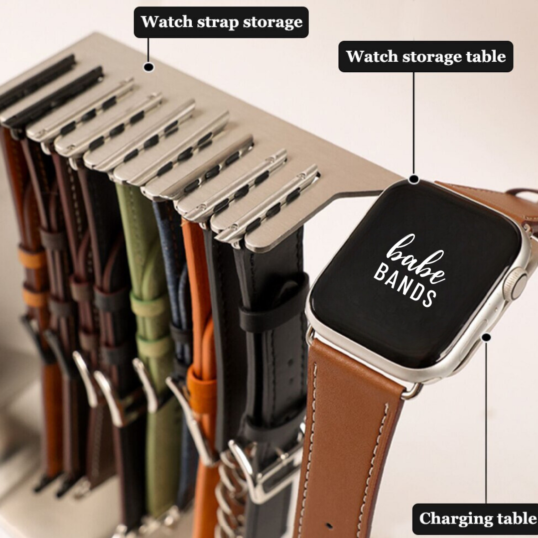 Is your love for matching your Apple Watch Band to every outfit causing a cluttery mess and giving you a headache?  Don't worry, we've got you covered. Babe Bands' Apple Watch Band Holder + Charging Station will help you declutter your counter and mind. Made from stainless steel, this sturdy and minimalist styled storage solution can hold up to 9 of your favorite Apple Watch Babe Bands, and has a convenient spot to store and charge your Apple Watch, all in one location!